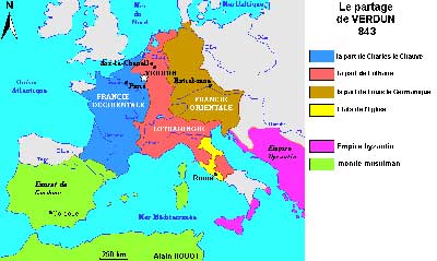 Carte du partage de l'Empire de Charlemagne